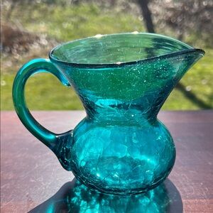 Vintage Rainbow Glass Teal Blue Crackle Glass Small Pitcher Vase